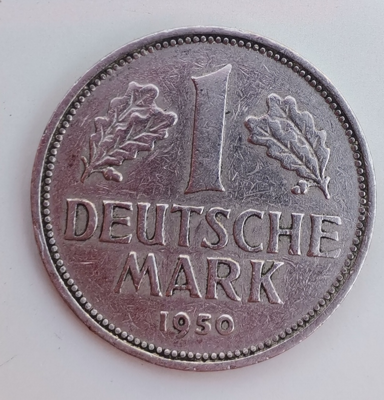 1950 German 1 Deutsche Mark (F) (1 DEM) (1948-2001) BUNDESREPUBLIK DEUTSCHLAND Coin For Sale.