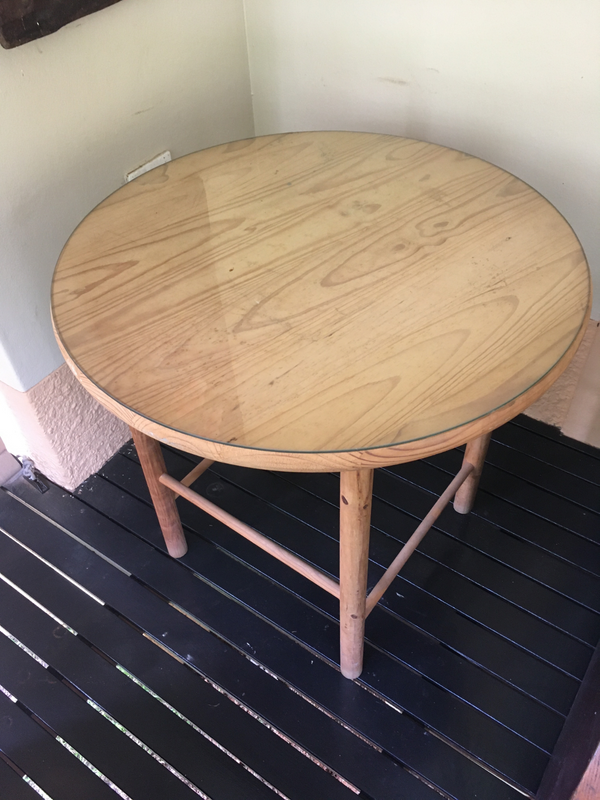 PINE WOODEN ROUND TABLES &amp; GLASS TOP x 2
