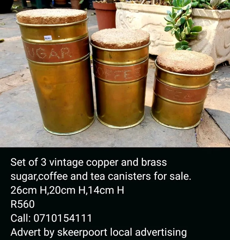 Set of 3 copper and brass kitchen canisters for sale