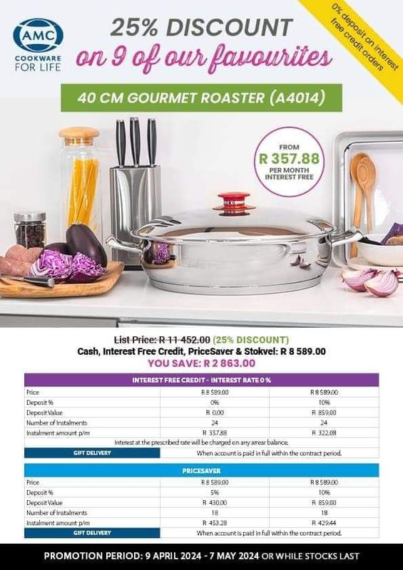 AMC POTS 25% DISCOUNT 40CM GOURMET ROASTER &#43; OTHER COOKWARE AND COMBO APRIL SPECIALS!