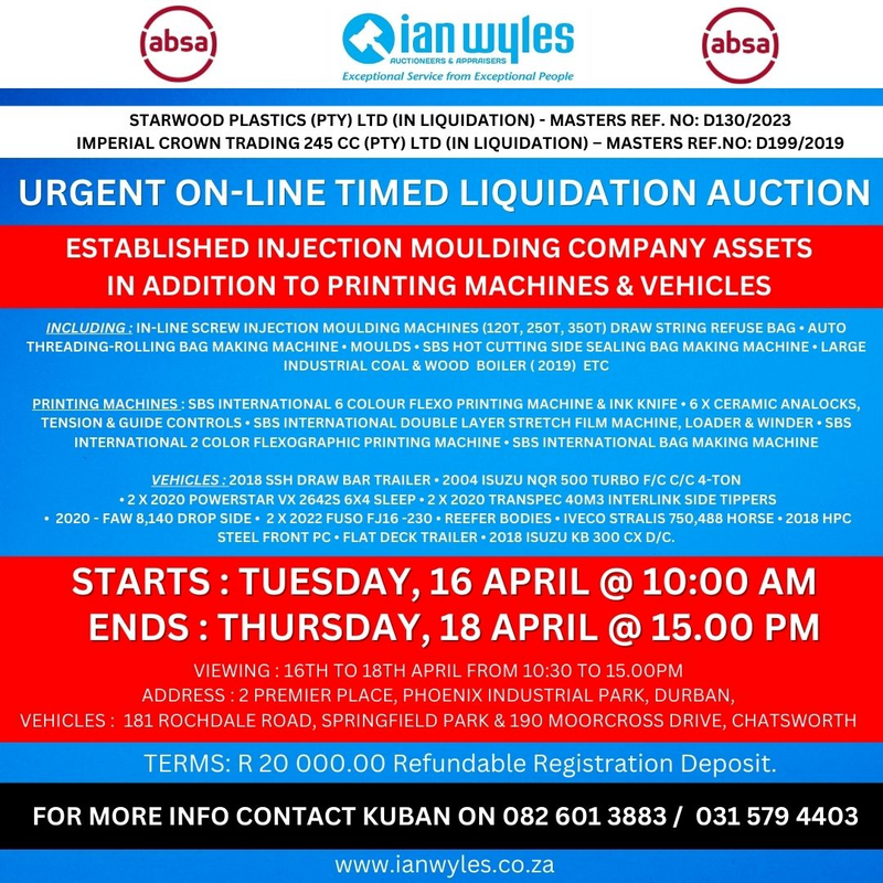 INJECTION MOULDING COMPANY ASSETS, PRINTING MACHINES AND VEHICLES ON AUCTION