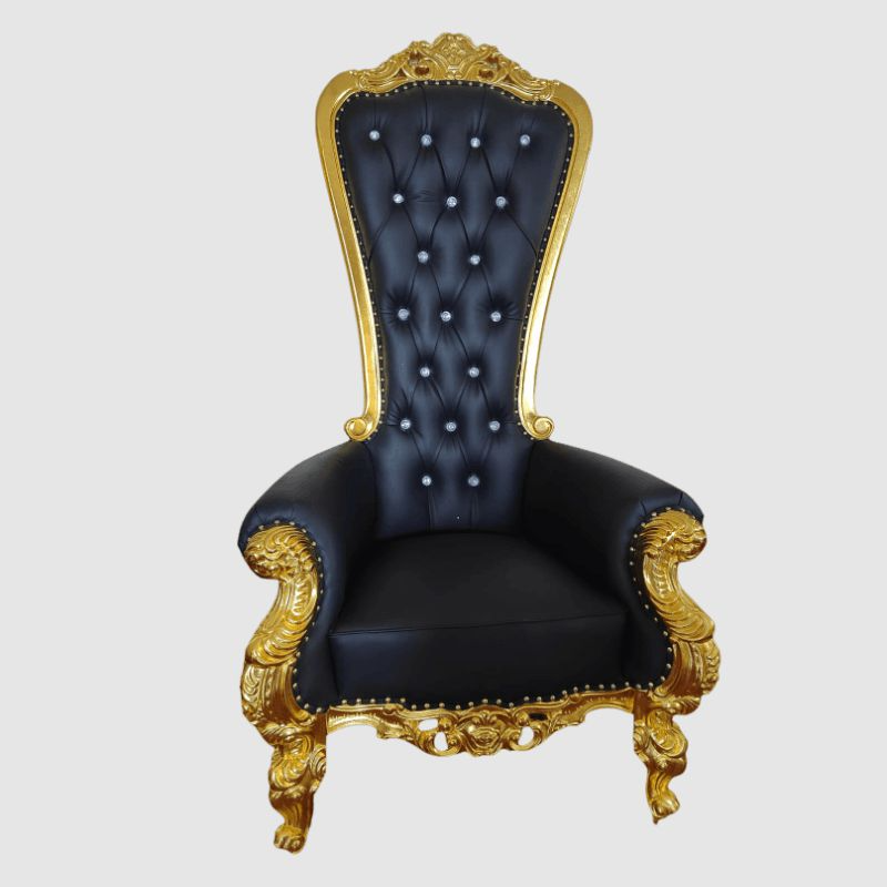 High Back Royal Throne Chair Gold Frame &amp; Black PU Finish -R16999