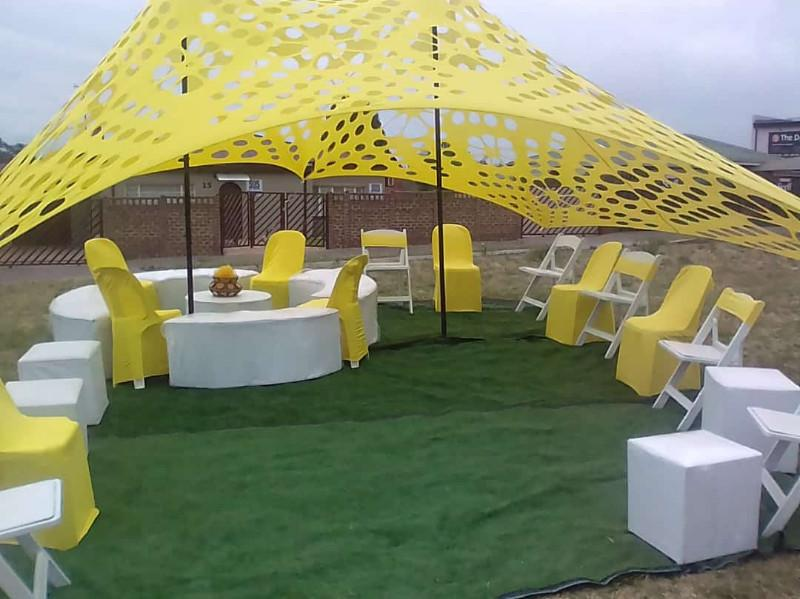 CHILLAS DECOR SET UP, CHEESE STRETCH TENT OR GARDEN UMBRELLAS WITH ROUND OTTOMANS AND COCKTAILS