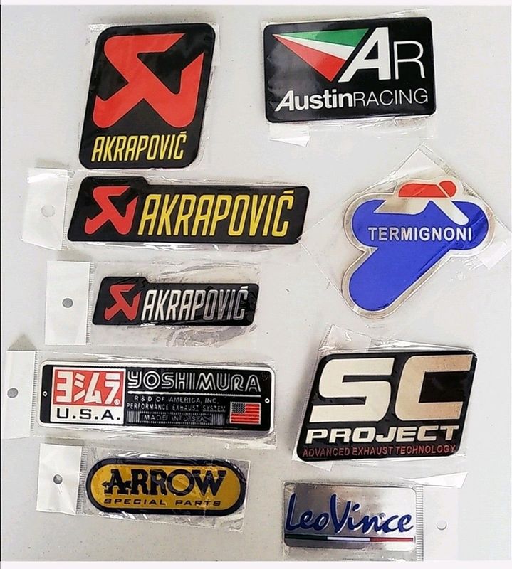 Aluminium motorcycle exhaust plate decals / metal stickers / badges.