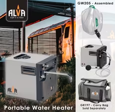 Alva gas water heater with shower fittings, pump and carry bag. SPECIAL OFFER
