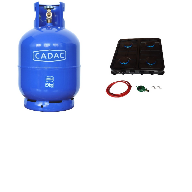 Four plate gas stove with fittings and 9kg gas bottle