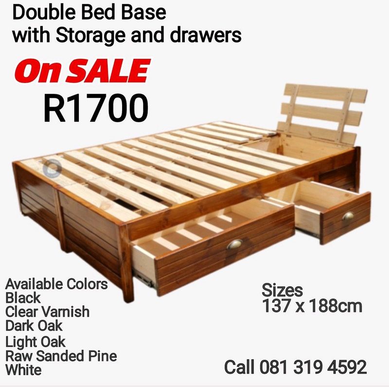 Double bed base with storage and drawers