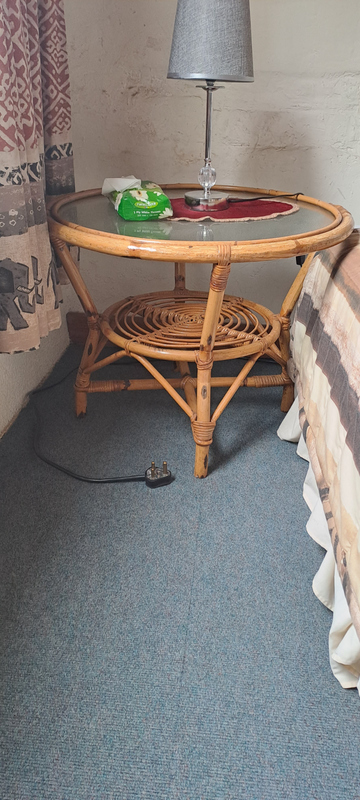 CANE AND GLASS COFFEE TABLE AND MAGAZINE BASKET