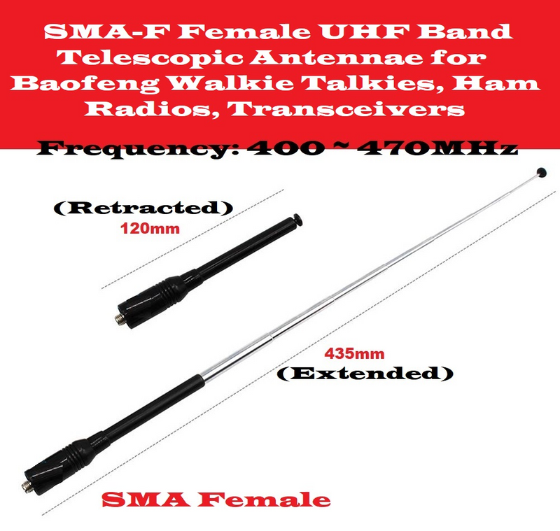 SMA-F Female UHF Band Telescopic Antenna for Baofeng Walkie Talkies, Ham Radios, Transceivers. NEW.