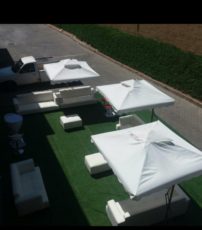 CHILLAS LOUNGE DECOR SET UP. VIP COUCHES MIX WITH COCKTAIL AND GARDEN UMBRELLAS DECOR SET UP.