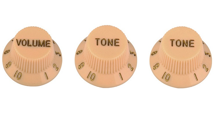 Cream with Gold Writing Strat style replacement knob set – 1 Volume, 2 tone