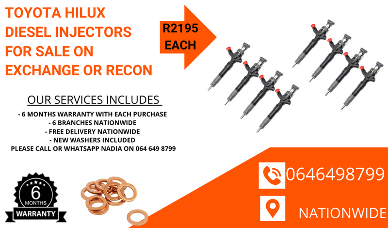 Toyota Hilux diesel injectors for sale on exchange or to recon - 6 months warranty.