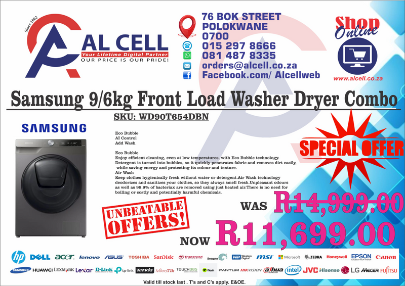 Samsung 9/6kg Front Load Washer Dryer Combo  WD90T654DBN
