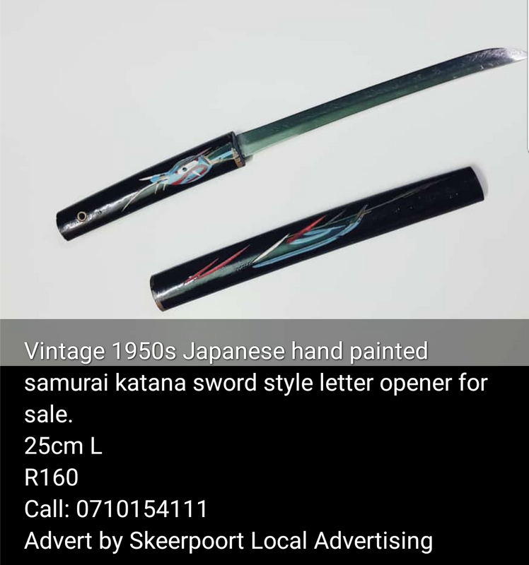 1950s vintage hand painted Japanese samurai katana sword style letter opener  for sale