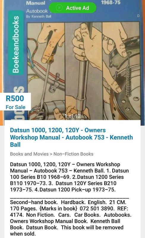 Datsun 1000, 1200, 120Y - Owners Workshop Manual - Autobook 753 - Kenneth Ball.
