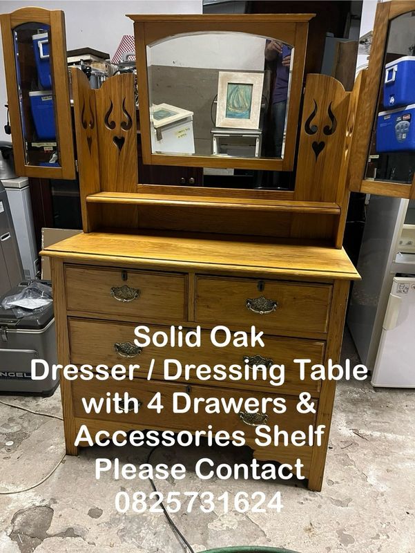 Dresser / Dressing Table with 4 Drawers -Vintage Solid Oak with 3 Mirrors &amp; Shelf - Delivery