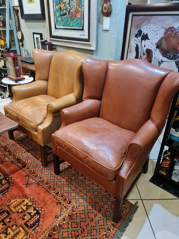 Genuine Leather Wingback Chairs (x2)