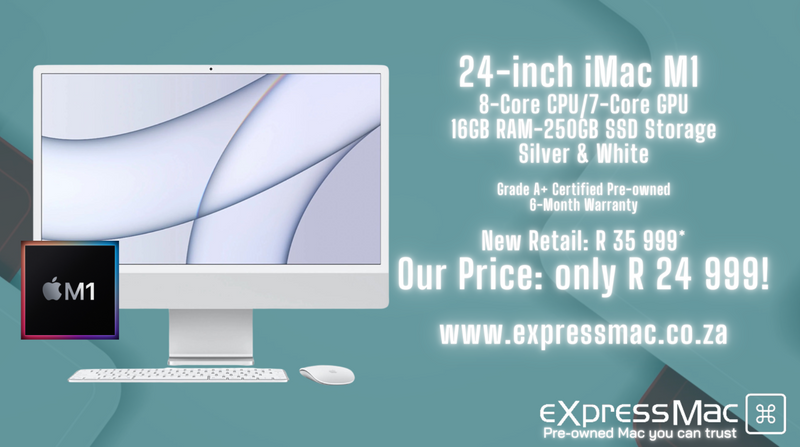 Mac 24-inch M1-16GB Unified RAM–256GB (4.5K Retina)Mint! 6-Month Warranty, Silver/White. RB