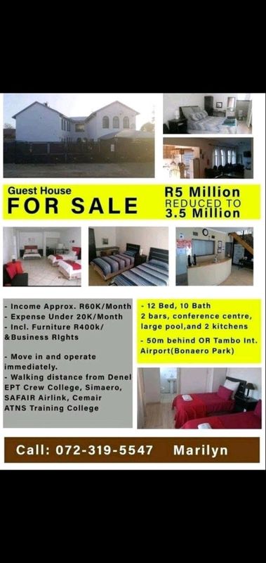 12 Guest house sale OR Tambo Airport