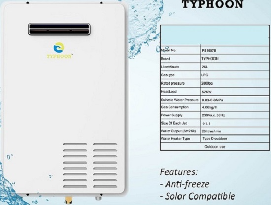 PRICES SLASHED TYPHOON – 26LT FAN FORCED OUTDOOR FLUELESS GEYSER WITH REMOTE.-FREE COURIER