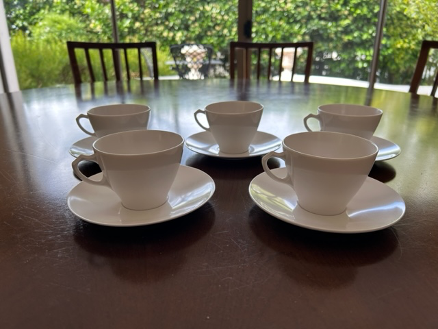 5 White Melamine Cups and Saucers
