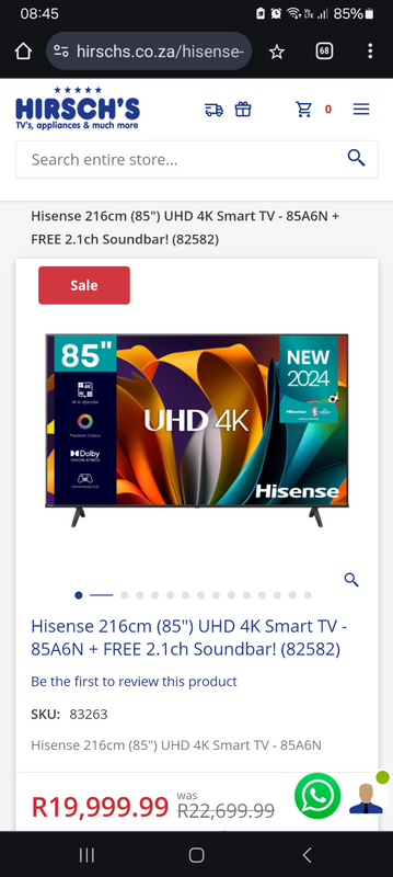 Hisense 216cm (85&#34;) UHD 4K Smart TV - 85A6N &#43; FREE 2.1ch Soundbar! (82582)