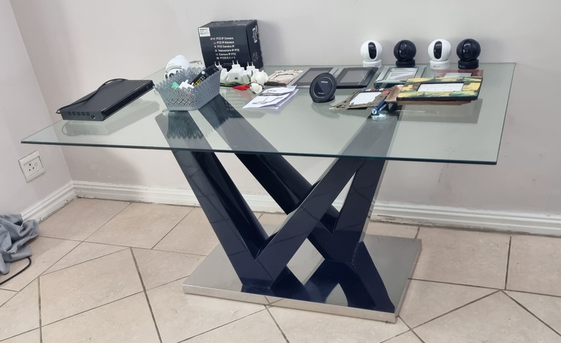 Tempered Glass Table - Silver &amp; Black metal base -6 seaters