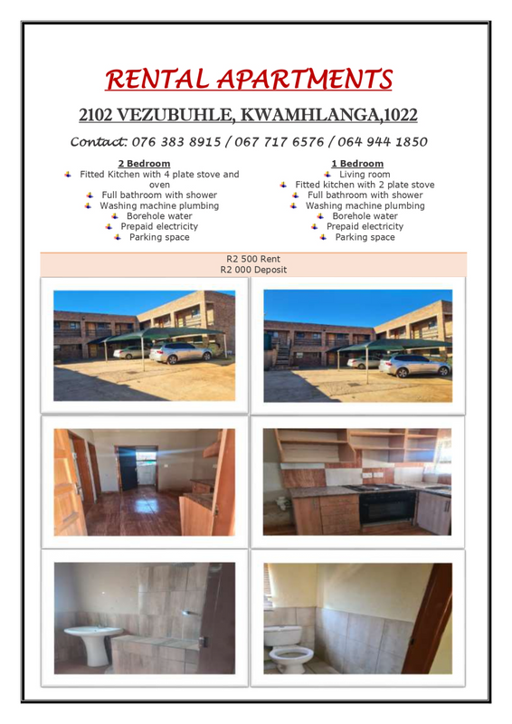 One Bedroom and two Bedroom rental apartments around KwaMhlanga