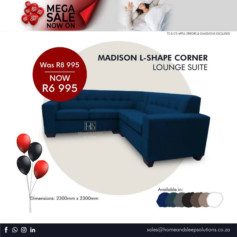 Mega Sale Now On! Up to 50% off selected Home Furniture Madison L-Shape Corner Lounge Suite