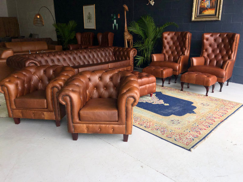 Brand new 8 piece genuine leather CHESTERFIELD lounge suite. (A TRADITIONAL BRITISH CLASSIC DESIGN)