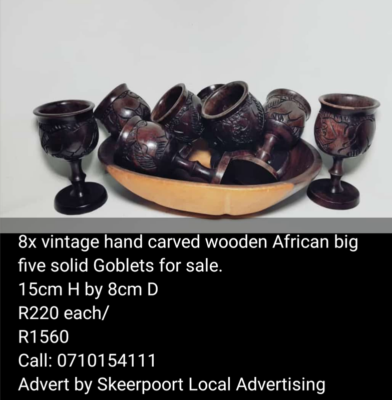 8x vintage hand carved wooden African big five solid Goblets for sale