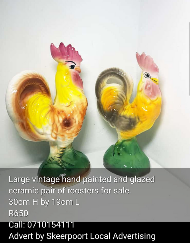 Large Vintage hand painted and glazed ceramic pair of roosters for sale
