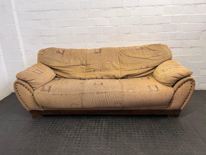 Sandy Brown 3 Seater Couch with Stud and Floral Detailing -
