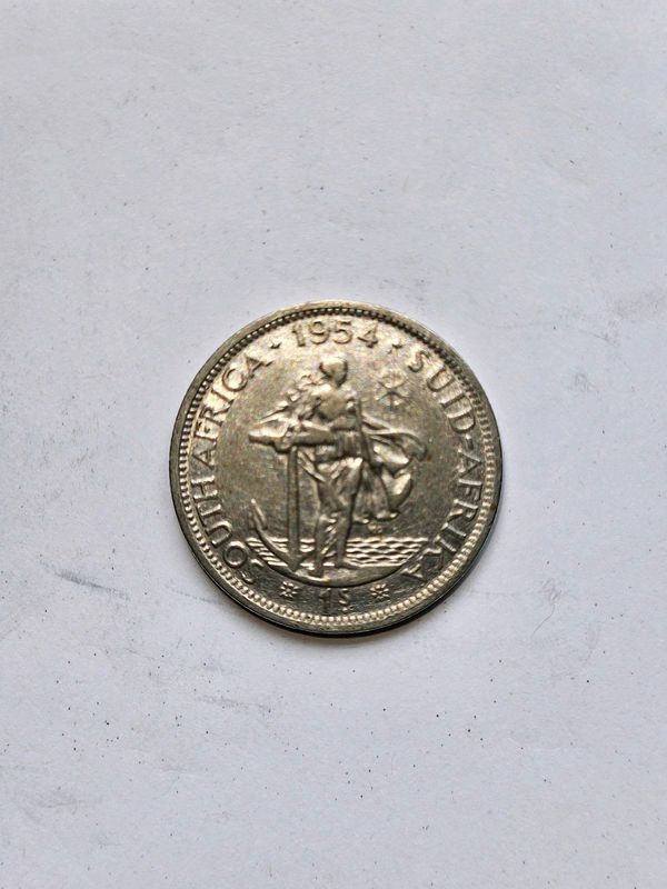 1954 AU Silver One Shilling coin