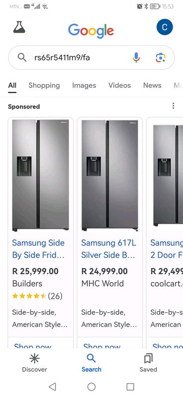 Samsung 617L  silver side by side fridge