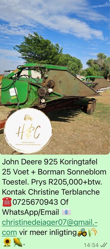 John Deere 925 Koringtafel 25 Voet &#43;Borman Sonneblom Toestel.
