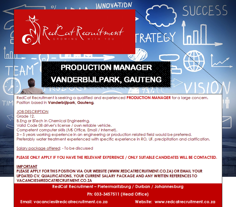 Production Manager - Vanderbijlpark, Gauteng