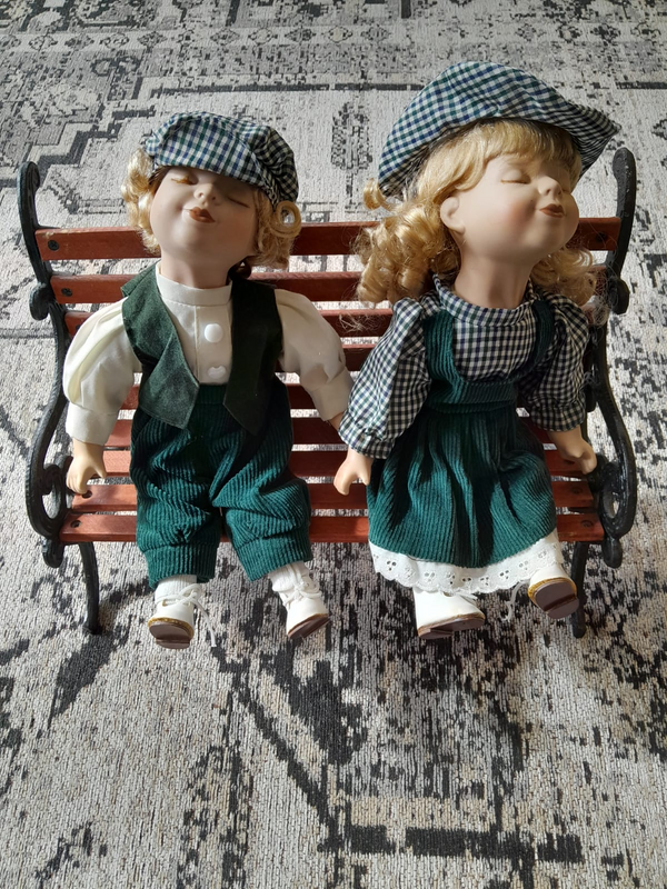 Collectable Twin Porcelain Doll Set with Bench.