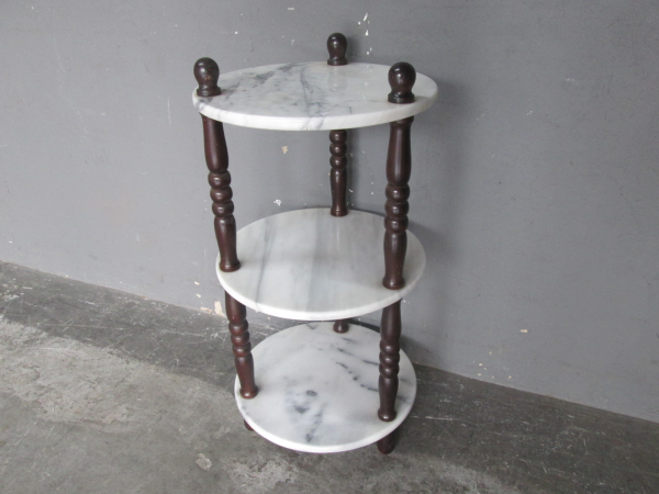 Antique 3 Tier Side Table in Carrara Marble and Wood