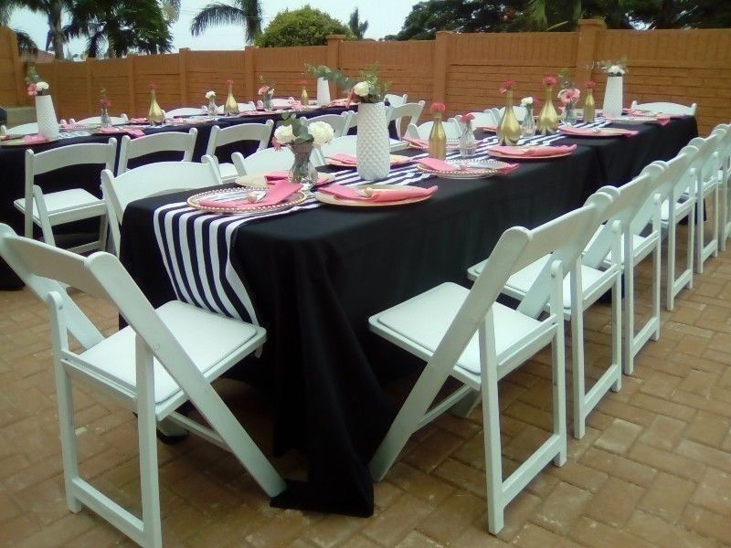 Wimbledon chairs hire, Tiffany and plastic chairs hire. Trestle tables, glass and wooden tables hire