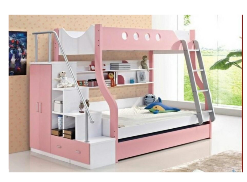 Bunk Bed for sale- built in deal, shelves and stairs, with pull out bed underneath .