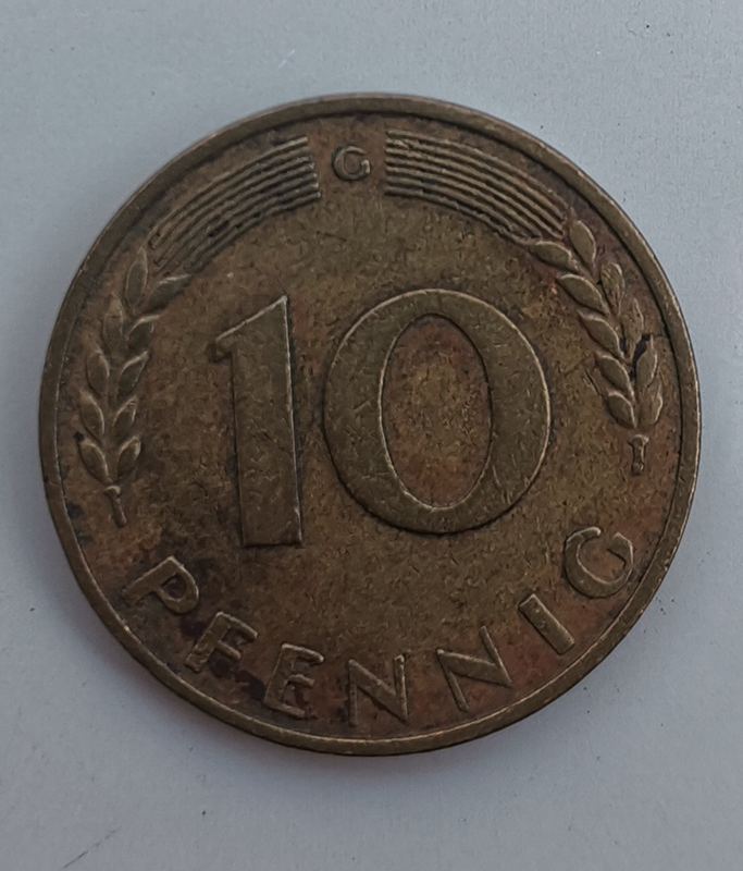1970 German 10 Pfennig Bank deutscher Länder (G) (Germany, FRG) Coin For Sale.