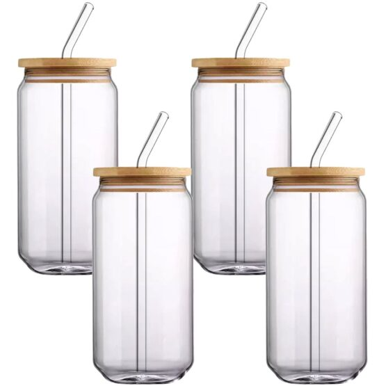 4PK Glass Jar &amp; Straw Set