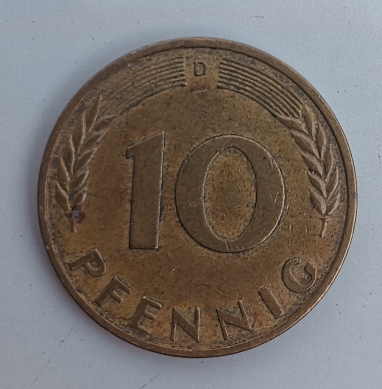 1968 German 10 Pfennig Bank deutscher Länder (D) (Germany, FRG) Coin For Sale