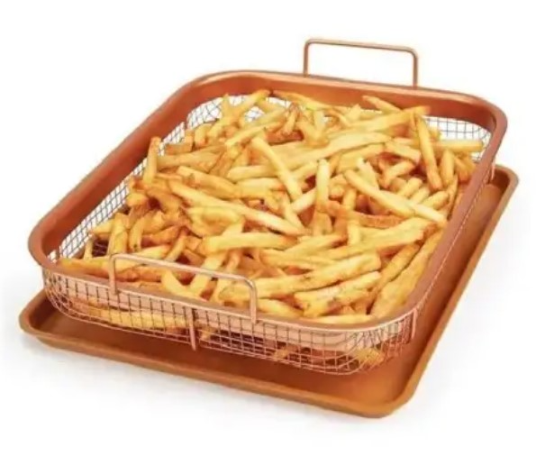Brand New! 2 Piece Crispy Baking Tray Set with Metal Basket - Copper