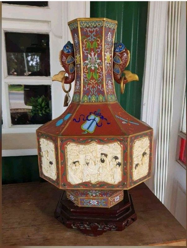 Antique Large chinese octagonal cloisonne vase