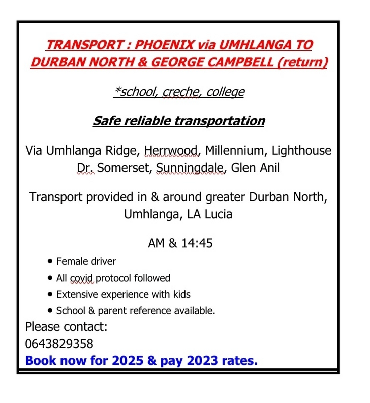 School transport : Phoenix to Durban North