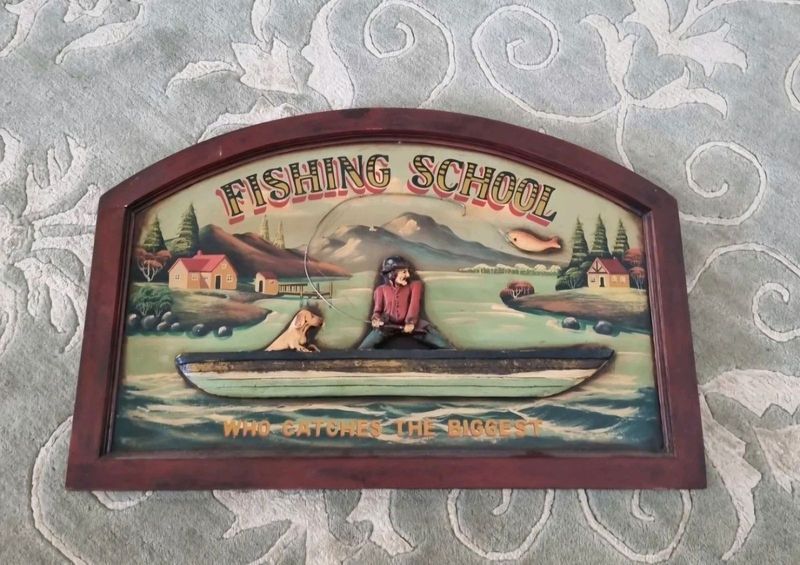 Vintage fishing painting for sale size 80cm width by 40cm height