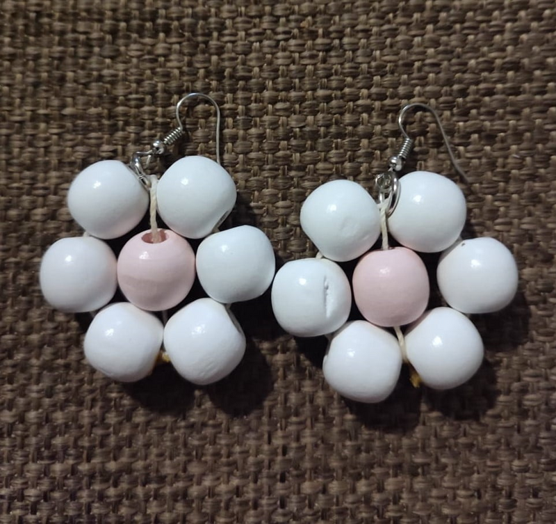 Pink and White Wooden Flower Earrings
