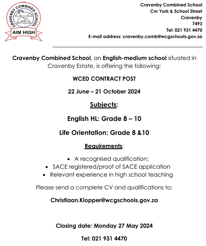 Cravenby Combined School 2x contract posts (SGB and WCED)
